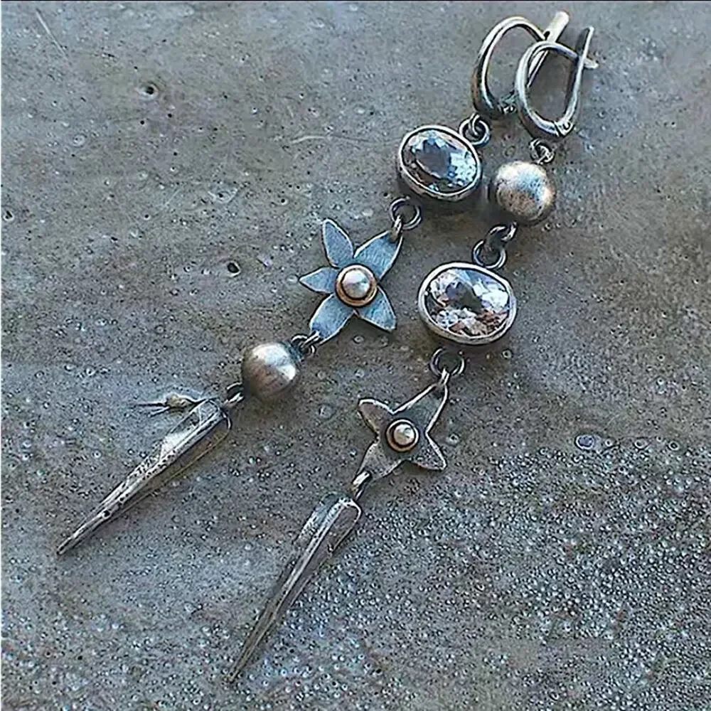 Antique Silver Flower Star Zircon Geometric Dangle Handmade Unique Earrings